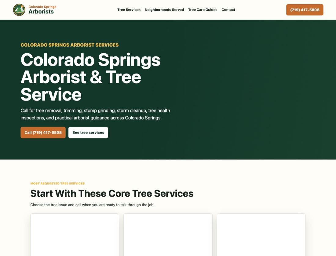 Screenshot of a Colorado Springs tree service website