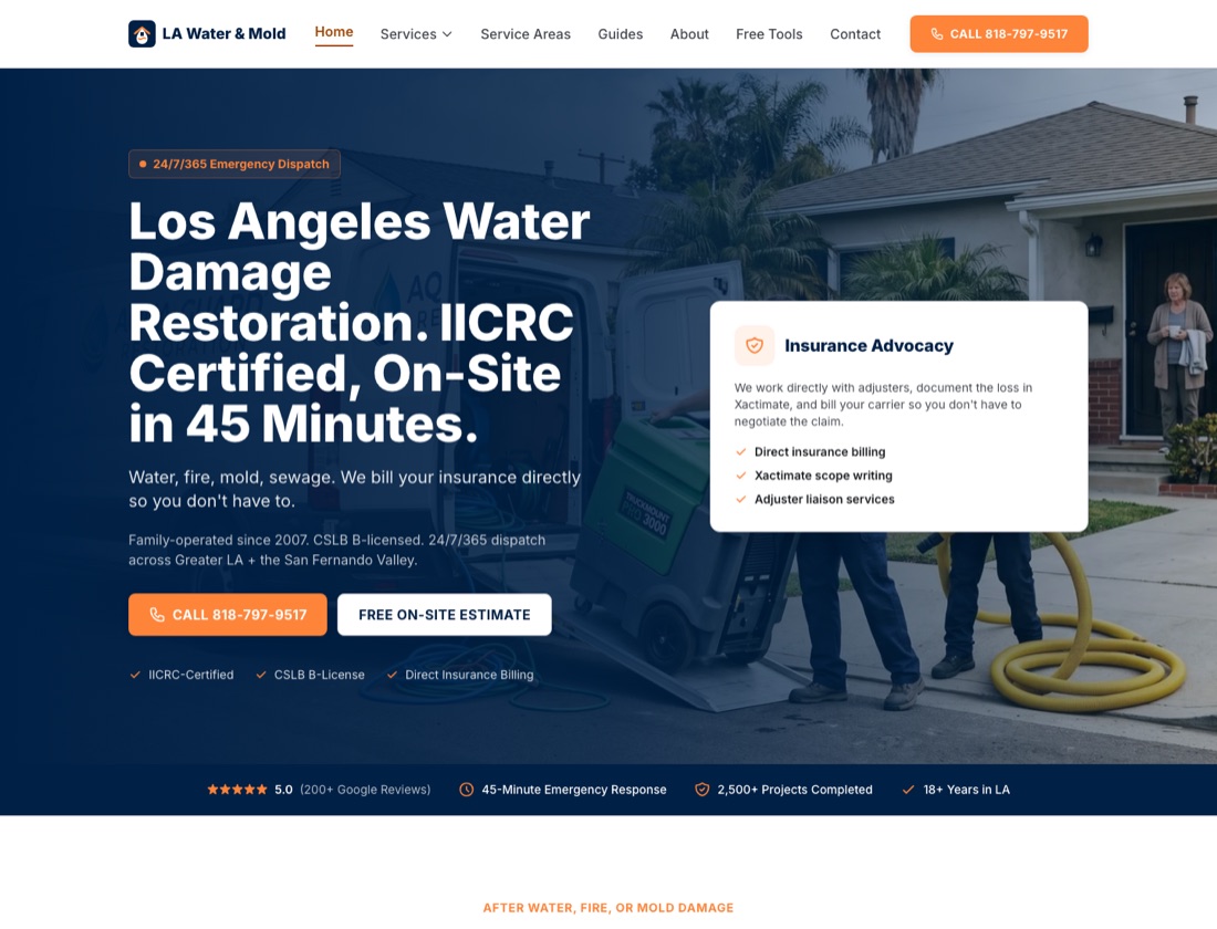 Screenshot of a Los Angeles water damage and mold website